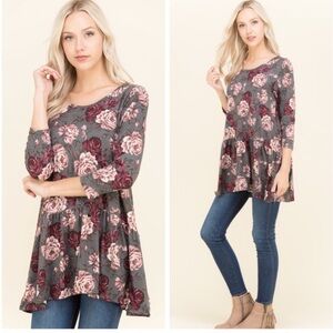 Gray Floral Peplum Tunic with Pink Rose Print